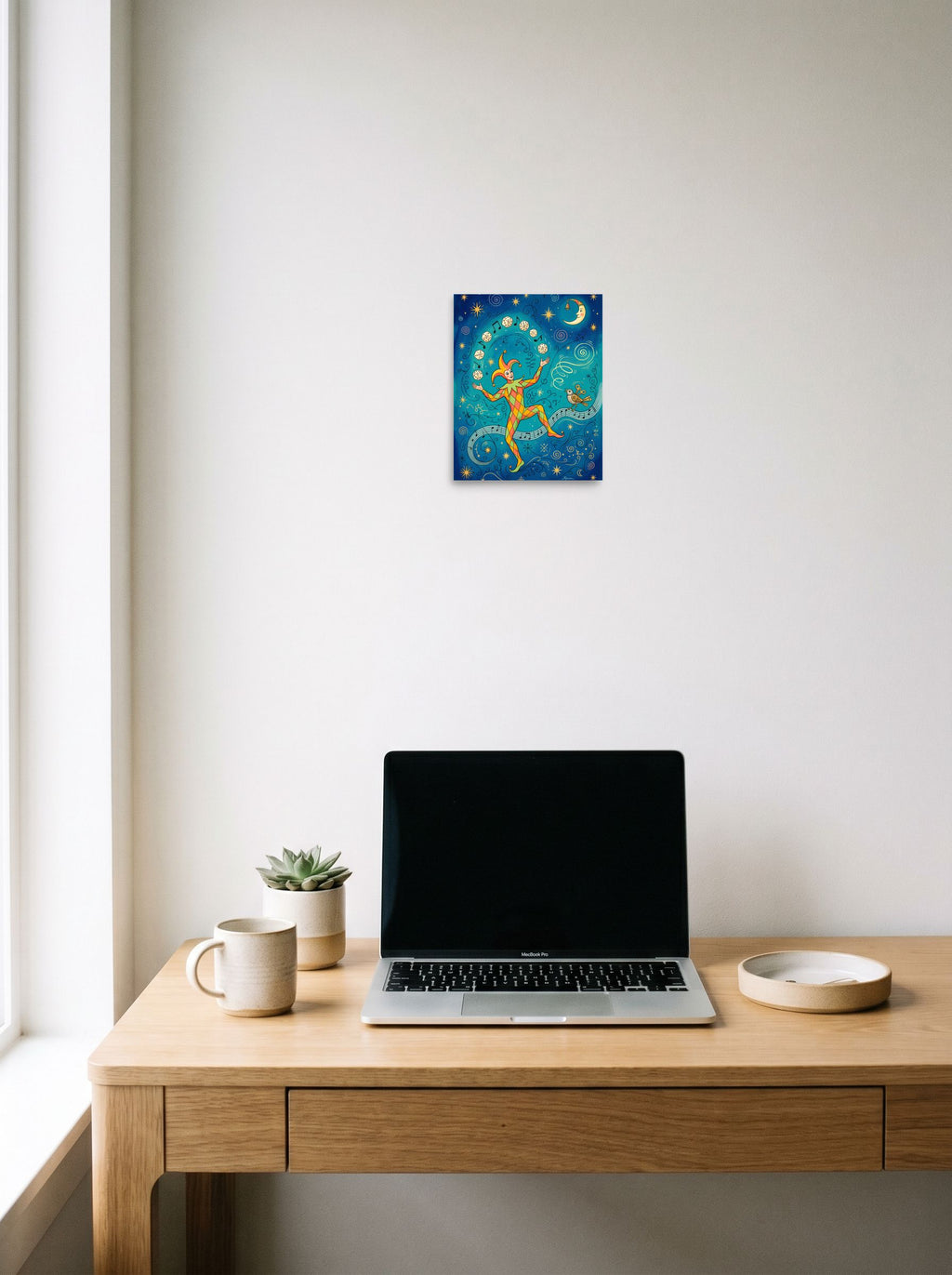'The Jester's Gamble' in 8x10 inch unframed paper, displayed over a compact desk setup.