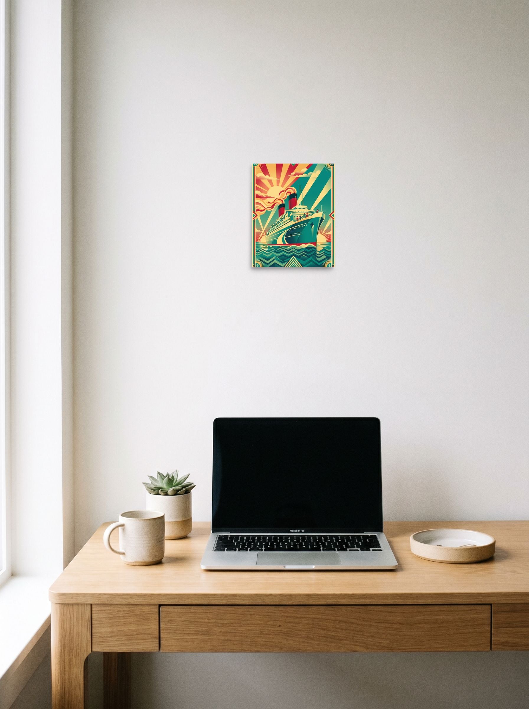 A 8x10 inch unframed paper Art Deco print of 'Voyage of the Sunburst' hanging above a worktable with a laptop.
