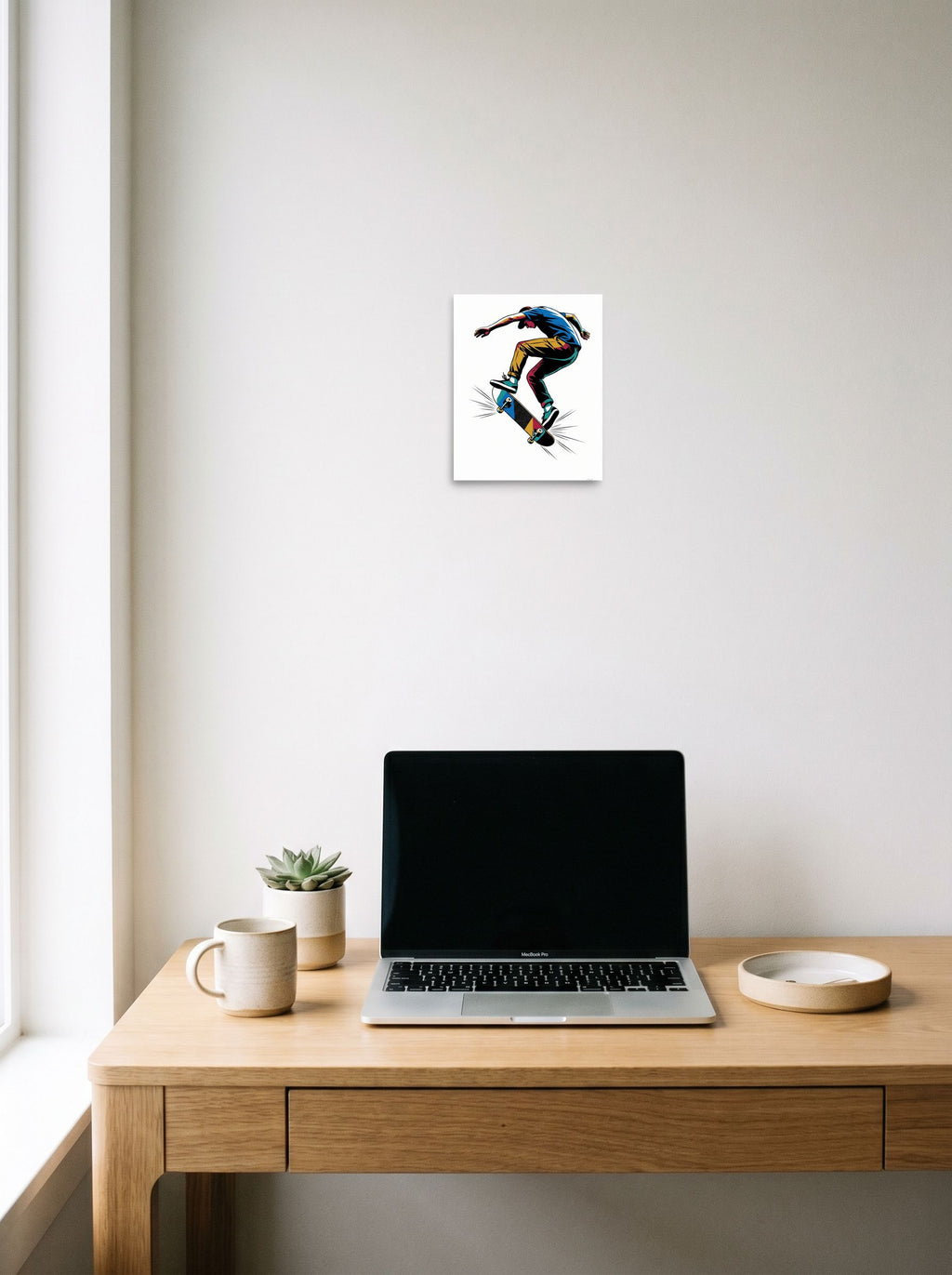 'Kickflip in Motion' styled above a home-office workspace, printed as unframed paper at 8x10 inch.