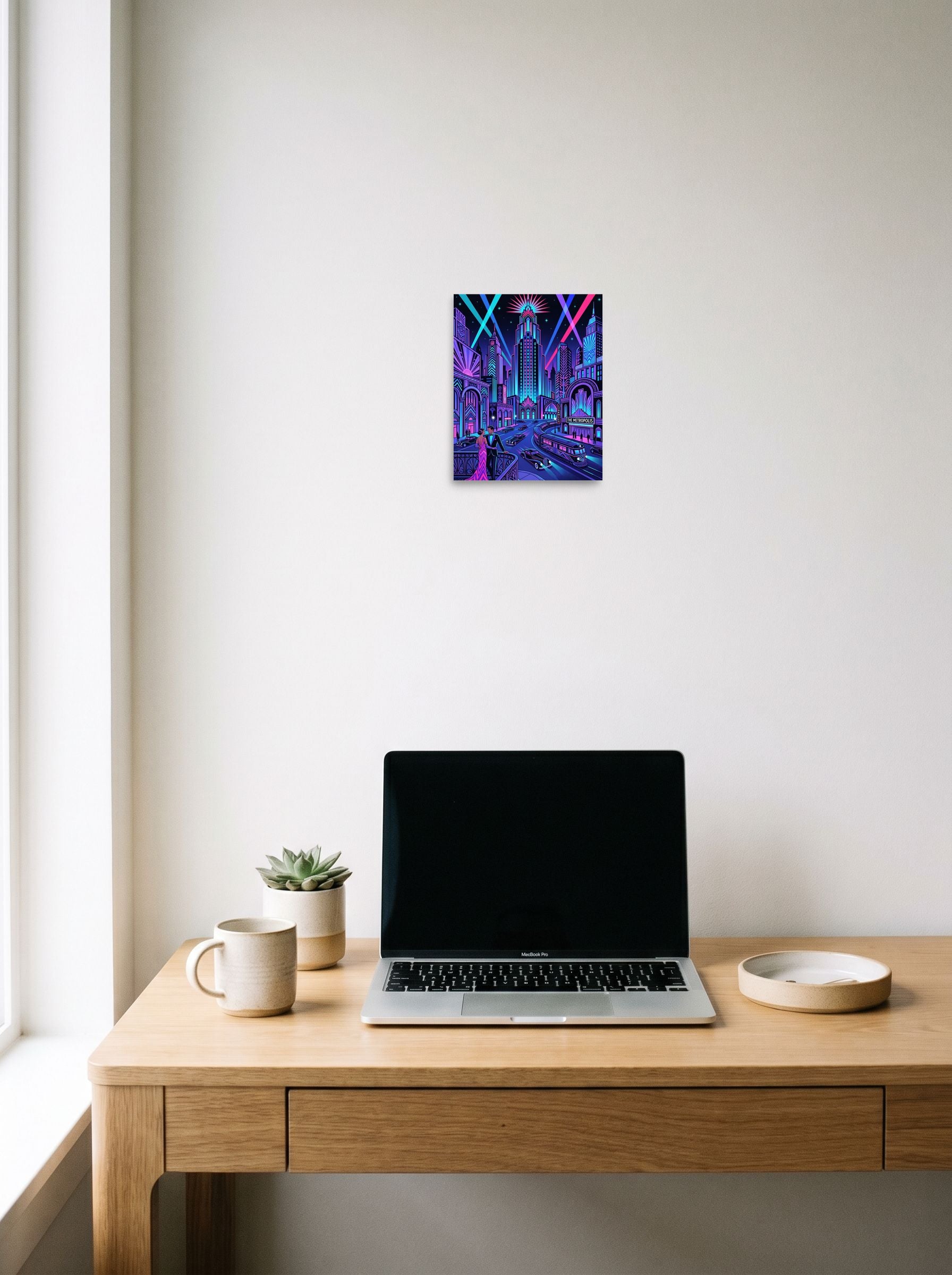 A 8x10 inch unframed paper Art Deco print of 'Neon Nights at The Metropolis' hanging above a worktable with a laptop.