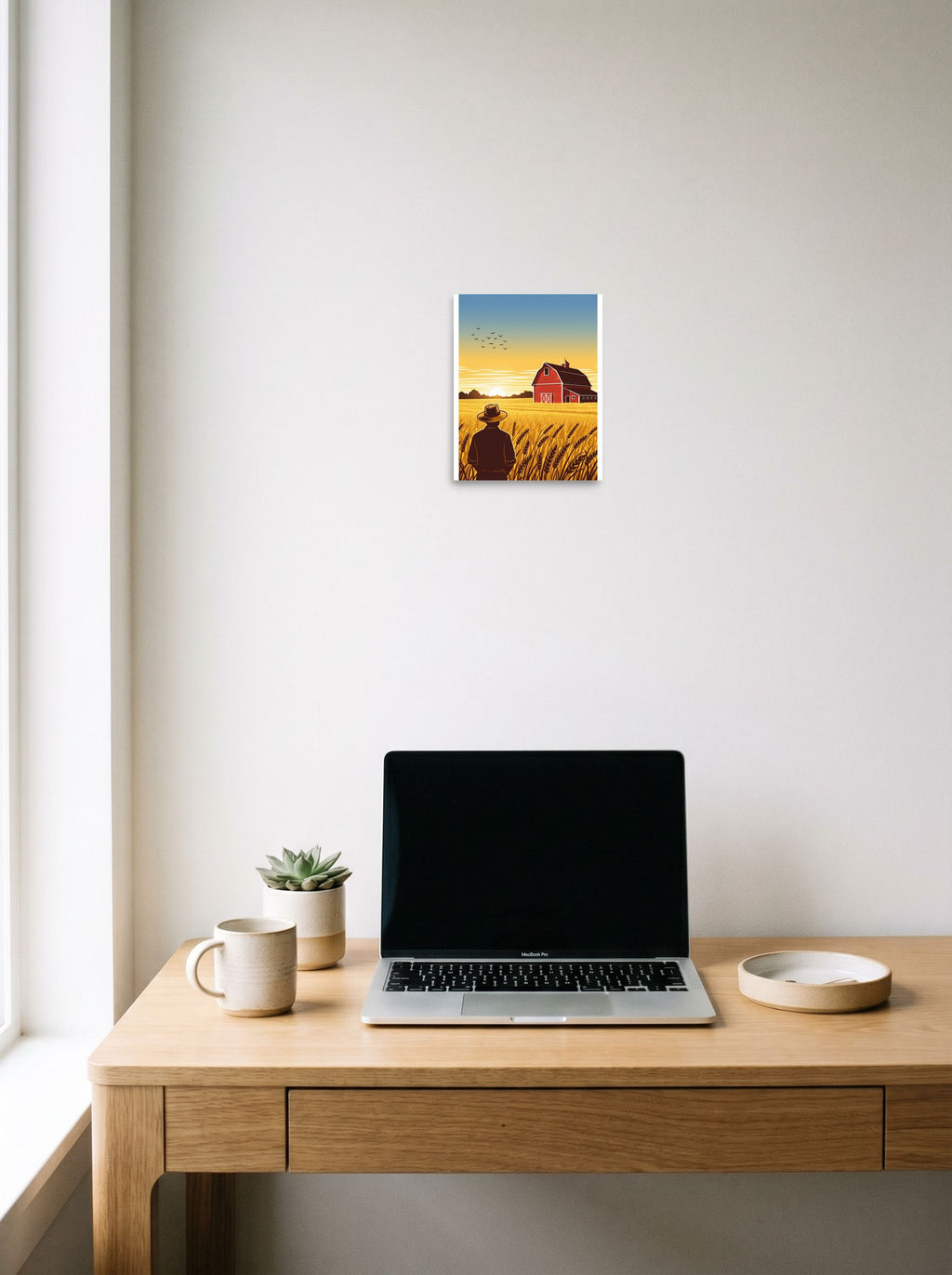 A 8x10 inch unframed paper American Scene Painting,Digital art print of 'Harvest Horizons' hanging above a worktable with a laptop.