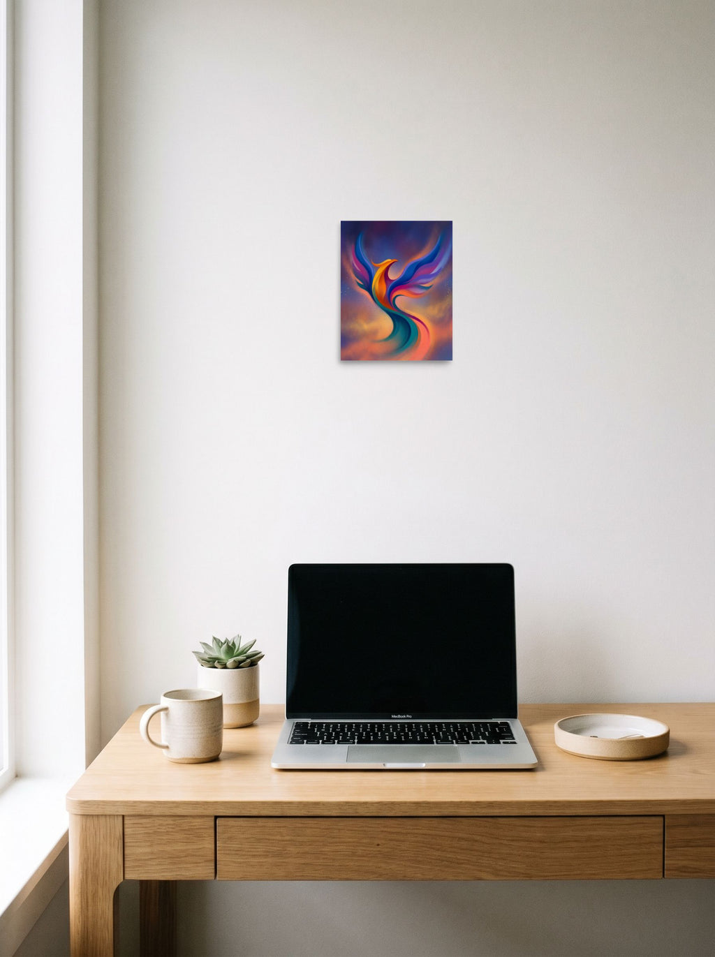 A 8x10 inch unframed paper Abstract art print of 'Flight of Rebirth' hanging above a worktable with a laptop.