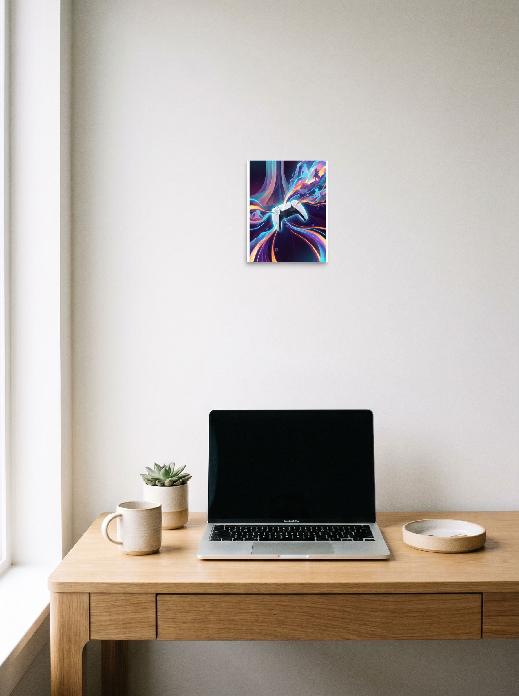 A 8x10 inch unframed paper Pop art print of 'Neon Gameplay' hanging above a worktable with a laptop.