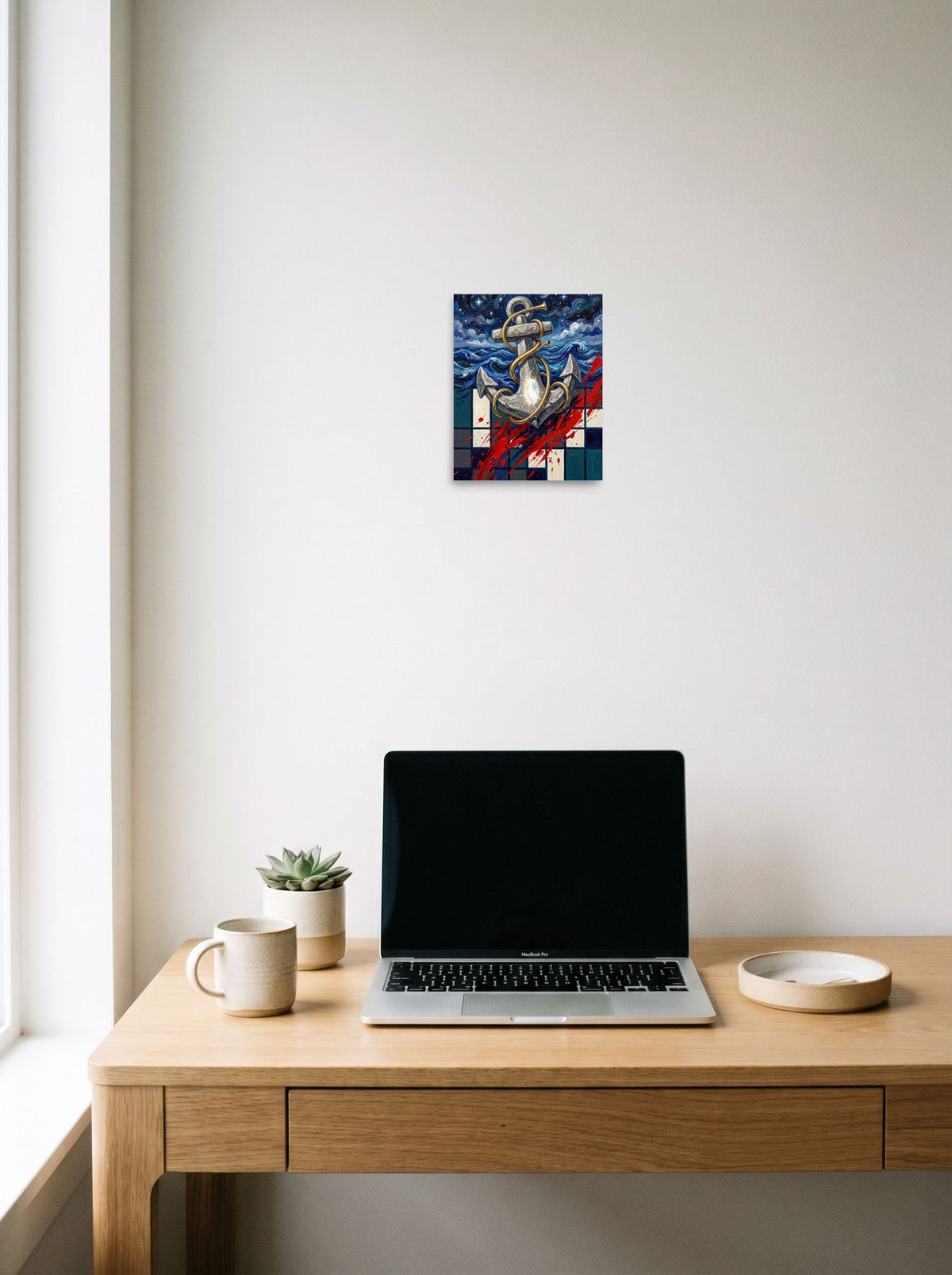 A 8x10 inch unframed paper Surrealism print of 'Anchor of the Horizon', styled above a home-office workspace.
