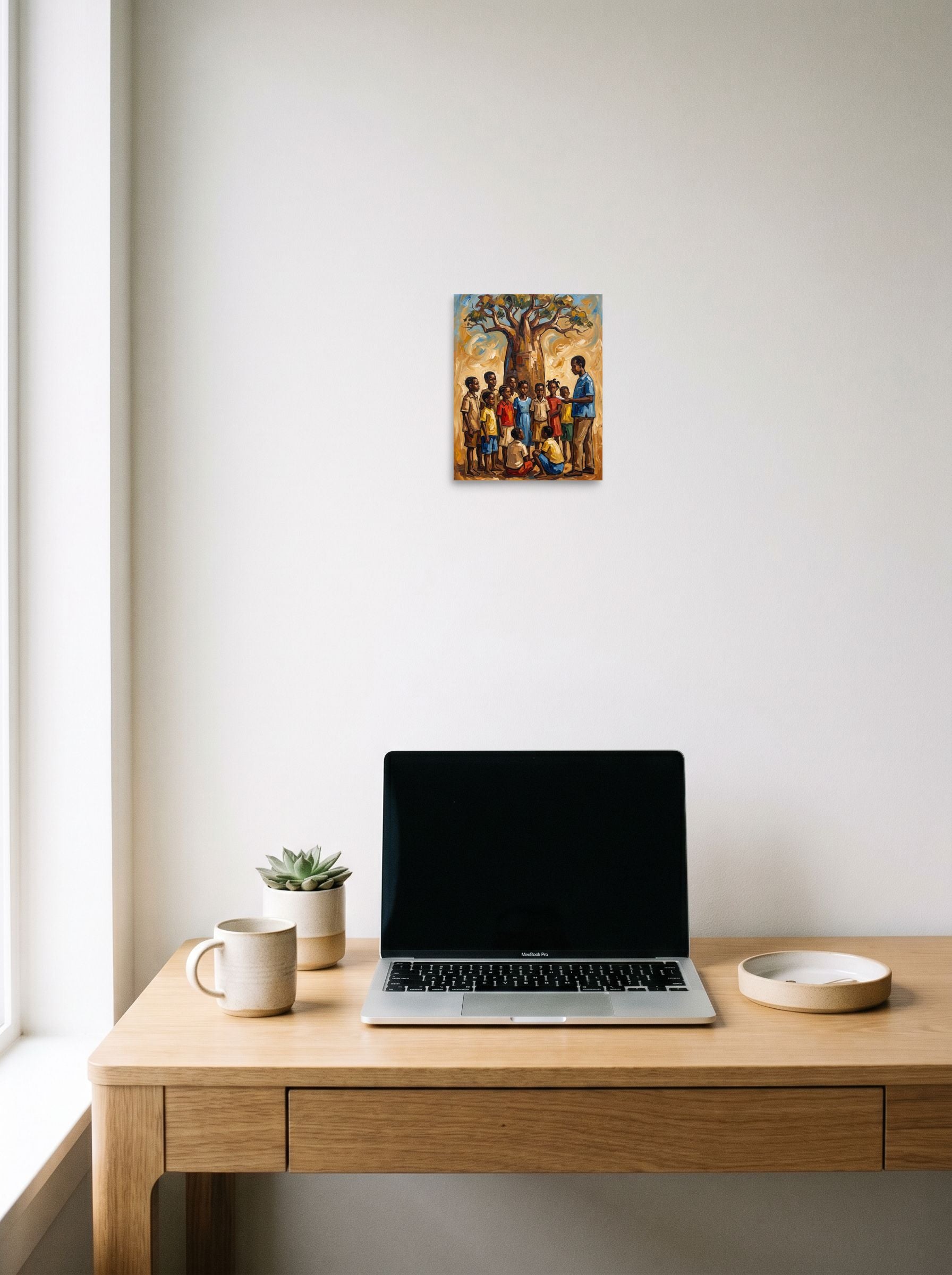 A 8x10 inch unframed paper Expressionism,Figurative art print of 'Baobab Lessons' hanging above a worktable with a laptop.