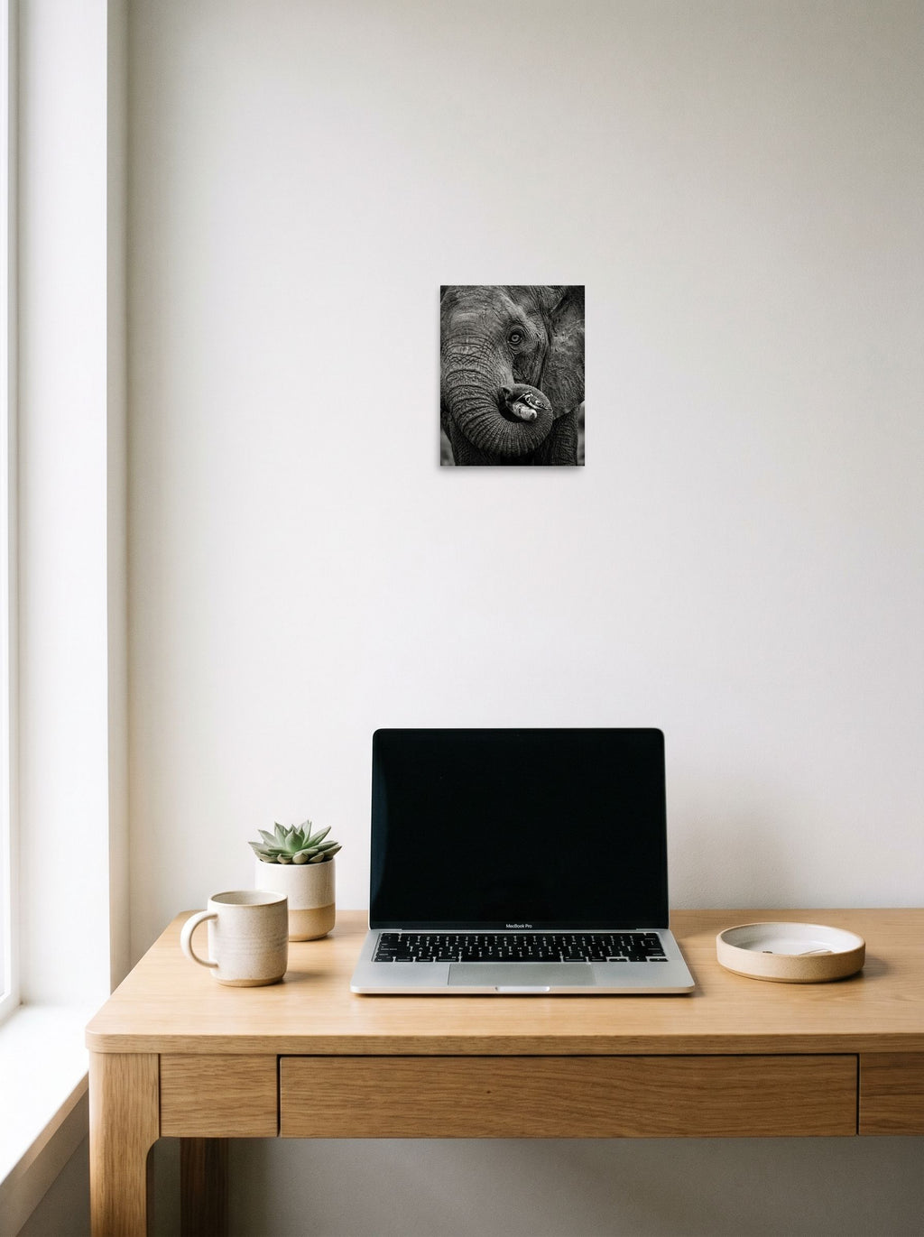 A 8x10 inch unframed paper Art photography print of 'Symbiosis in Monochrome' hanging above a worktable with a laptop.