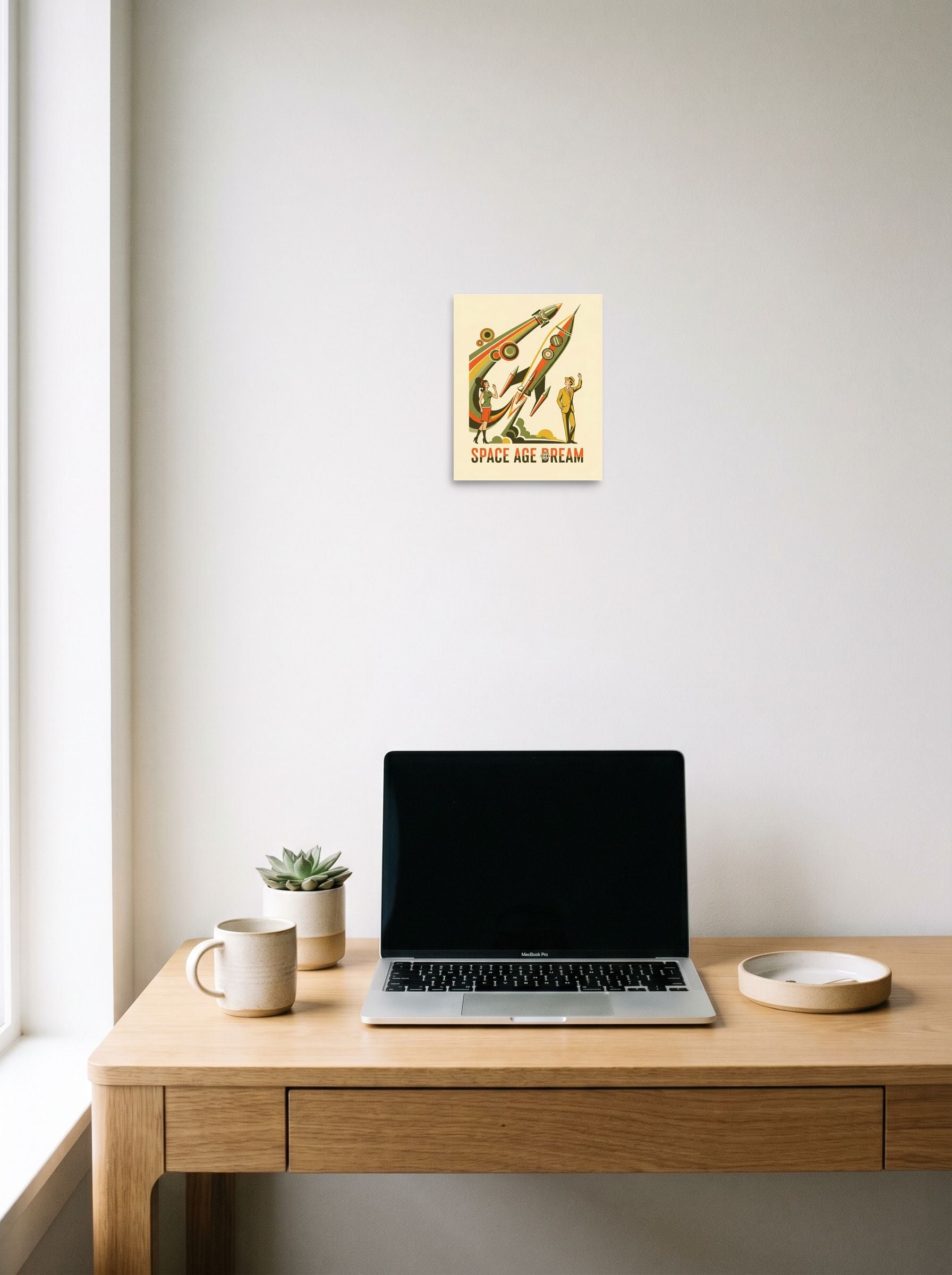 A 8x10 inch unframed paper Retrofuturism,Pop art print of 'Space Age Dream' hanging above a worktable with a laptop.