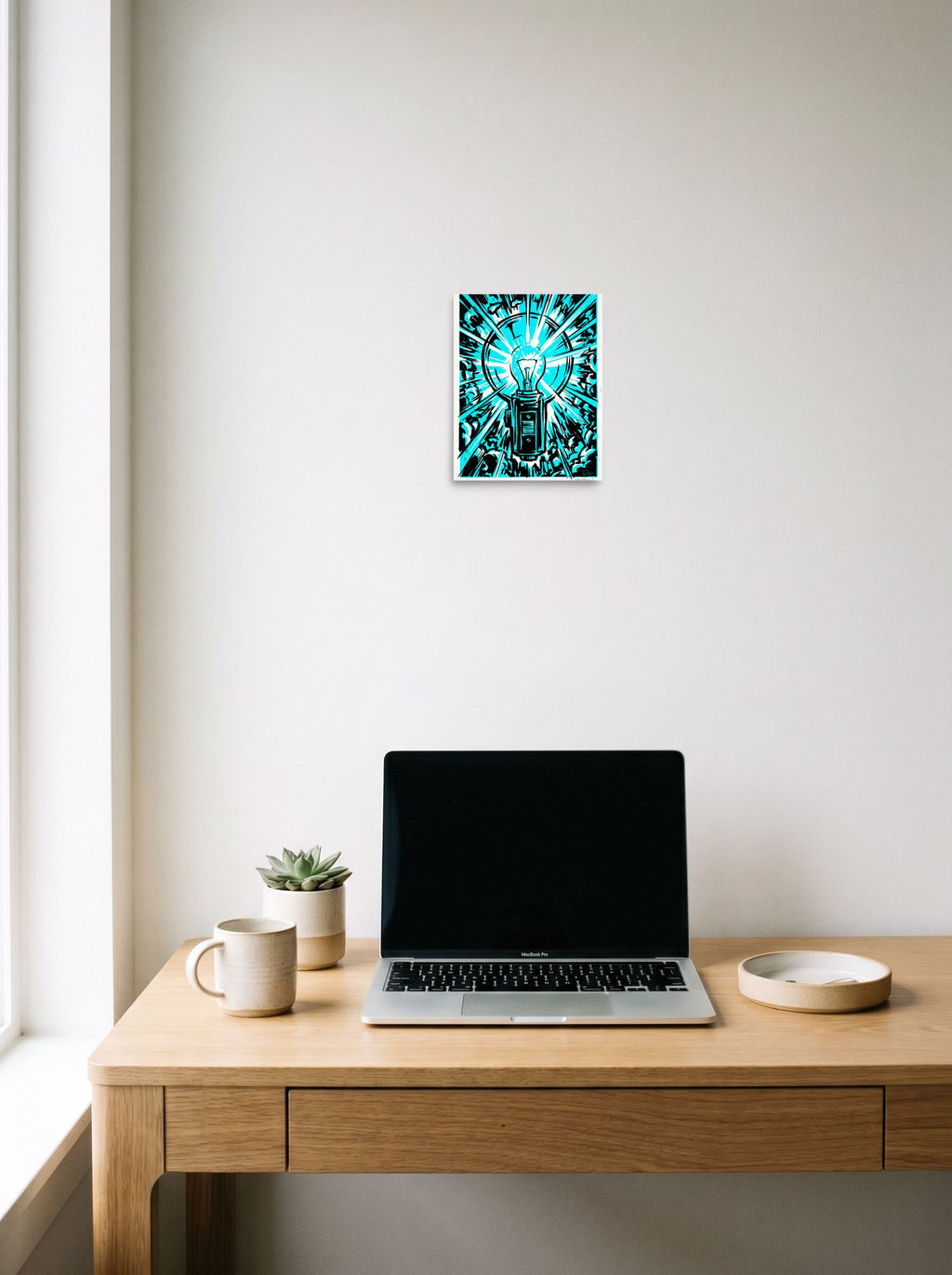 A 8x10 inch unframed paper Pop art print of 'Cyan Eureka' hanging above a worktable with a laptop.