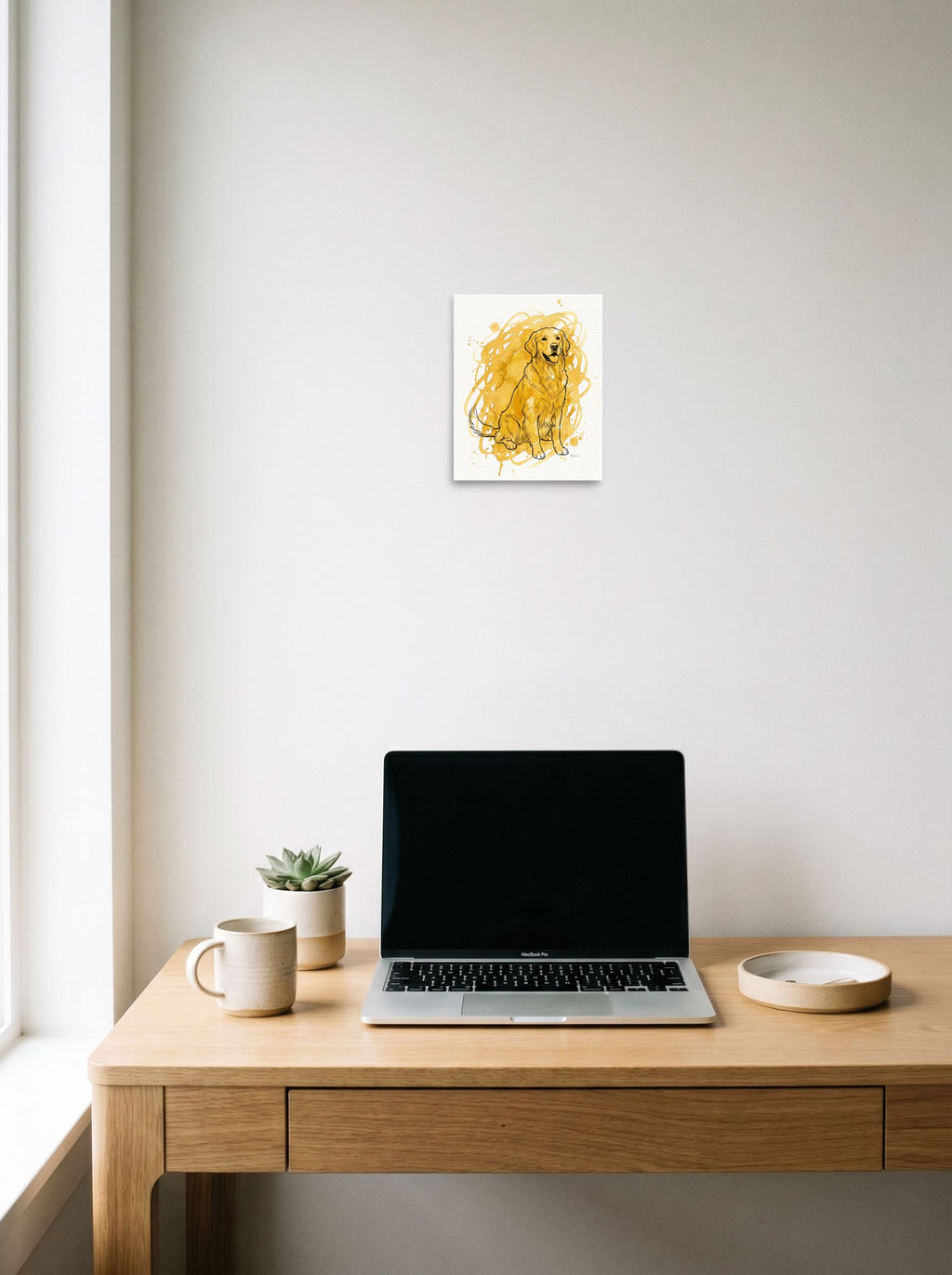Realism wall art 'Golden Companion', unframed paper at 8x10 inch, styled above a home-office workspace.