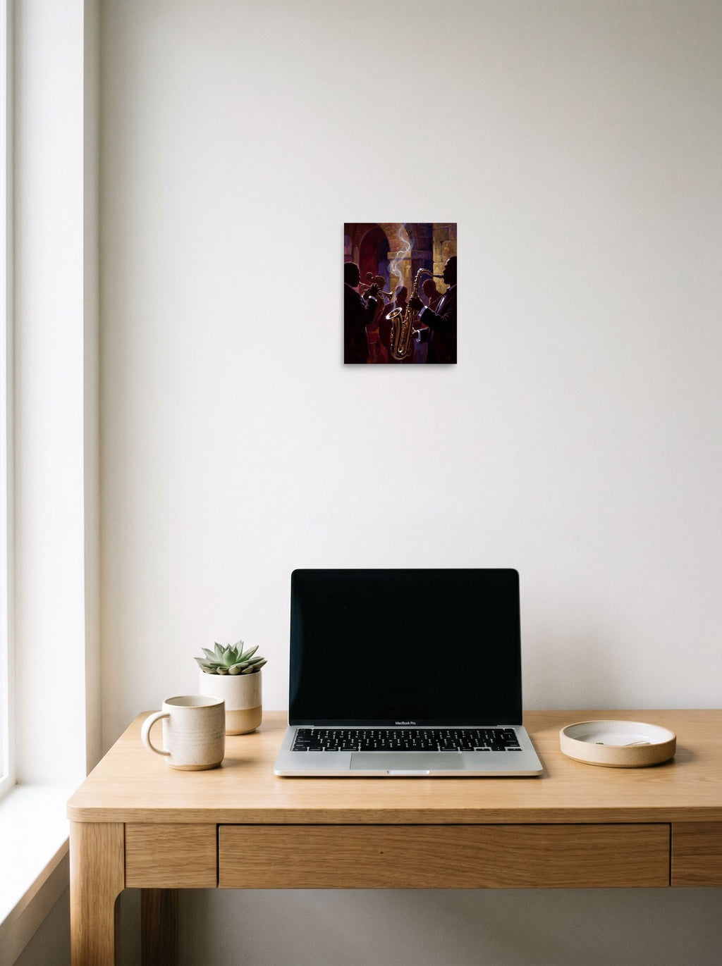 A 8x10 inch unframed paper Realism print of 'Smoke and Brass', styled above a home-office workspace.