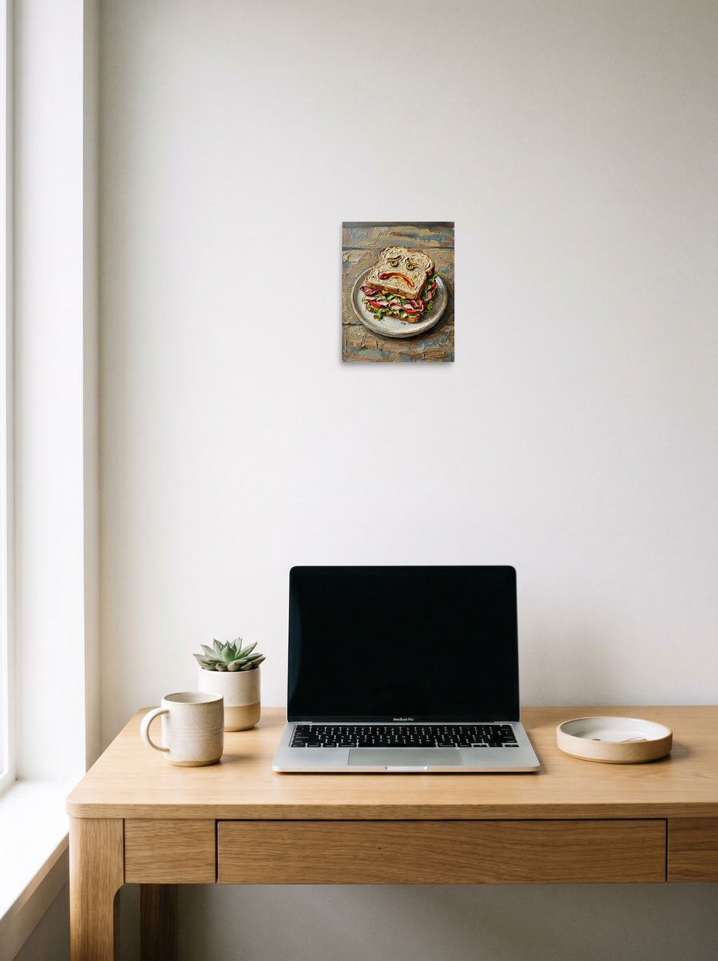 A 8x10 inch unframed paper Expressionism print of 'The Melancholy Meal' hanging above a worktable with a laptop.