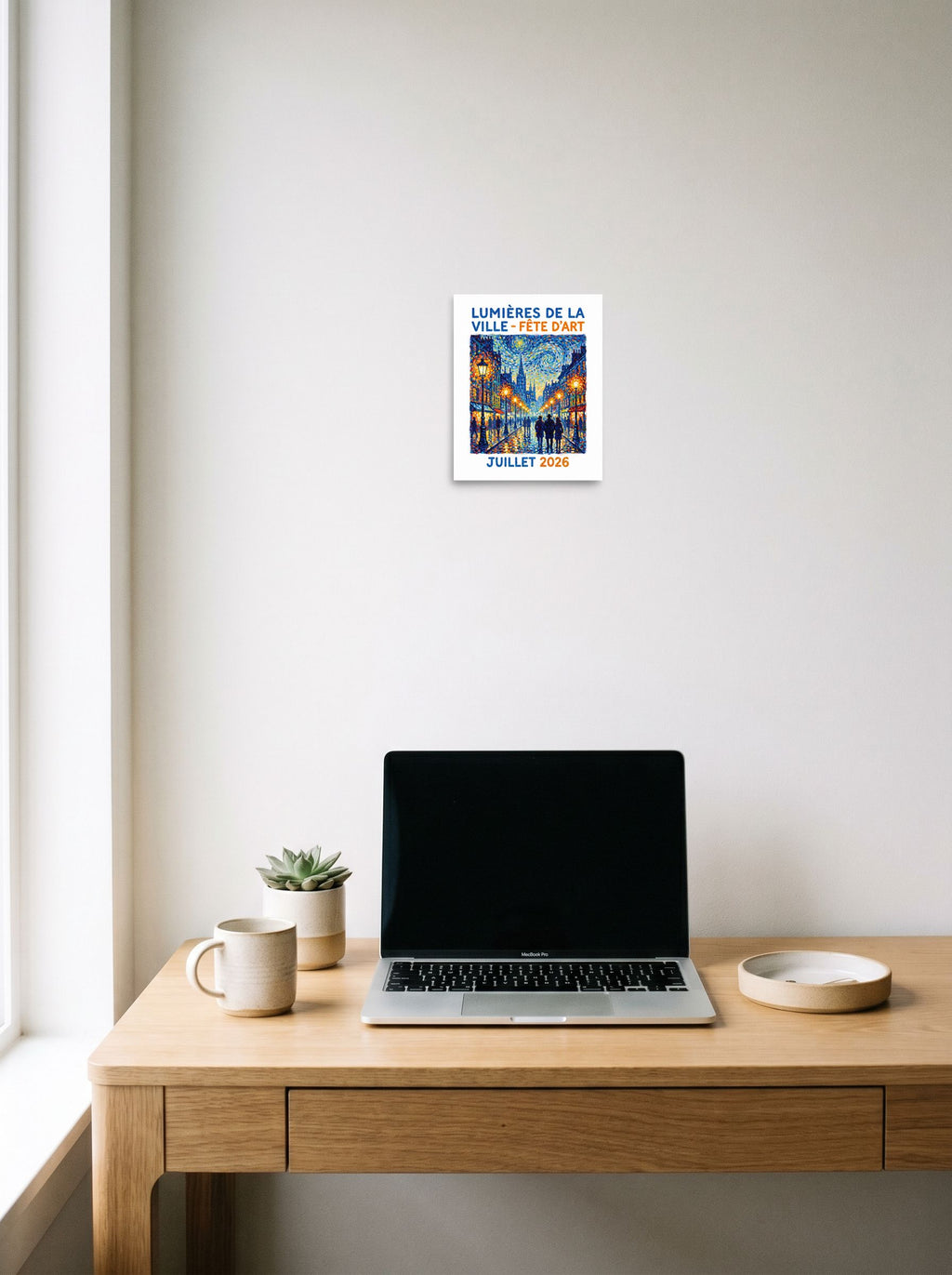 'City Lights Art Festival Poster', a Pointillism print styled above a home-office workspace. Shown as unframed paper, 8x10 inch.