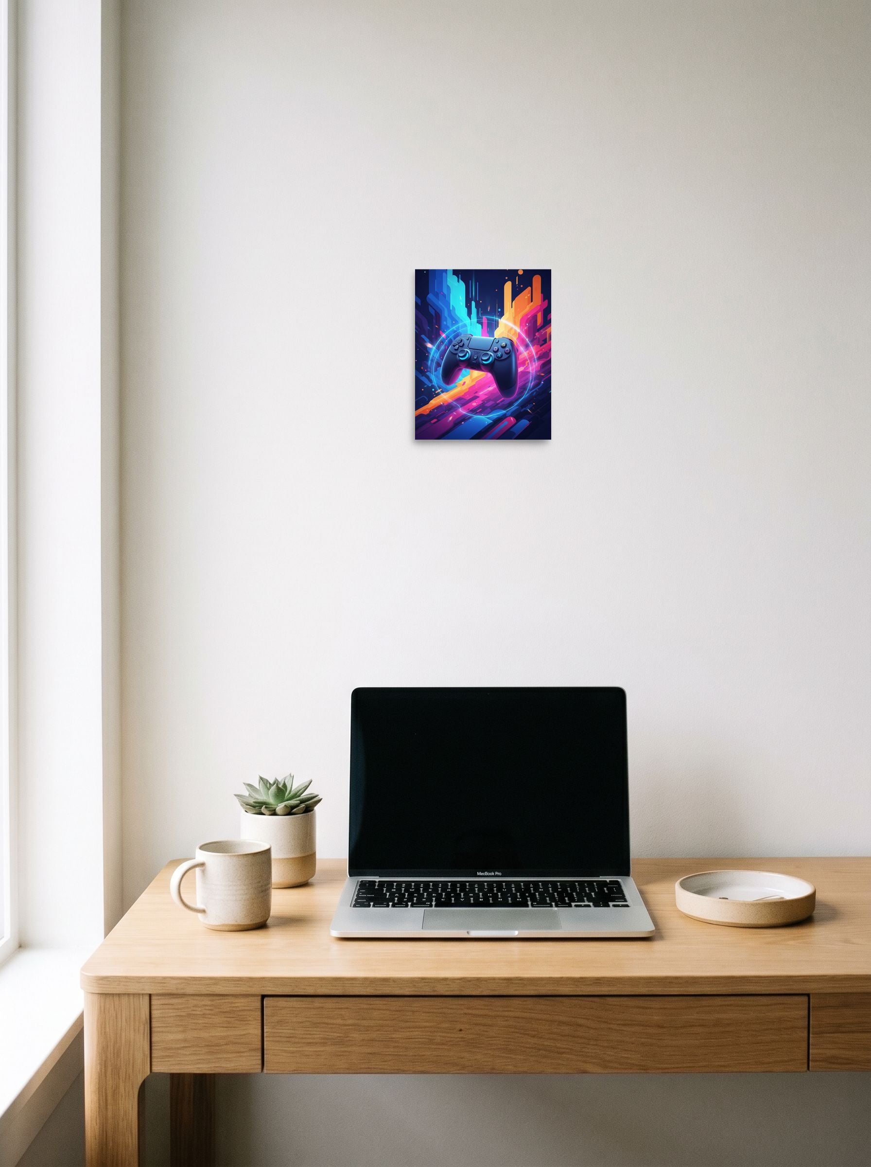 A 8x10 inch unframed paper Pop art print of 'Synthwave Gamer' hanging above a worktable with a laptop.