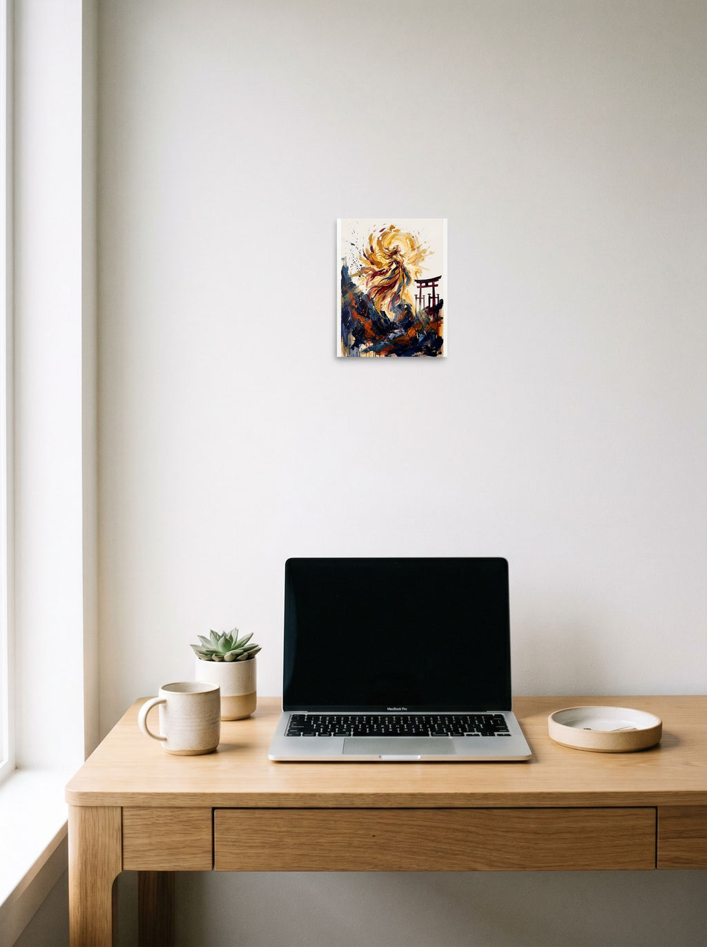 unframed paper wall art 'Amaterasu Awakening' styled above a home-office workspace, at 8x10 inch.
