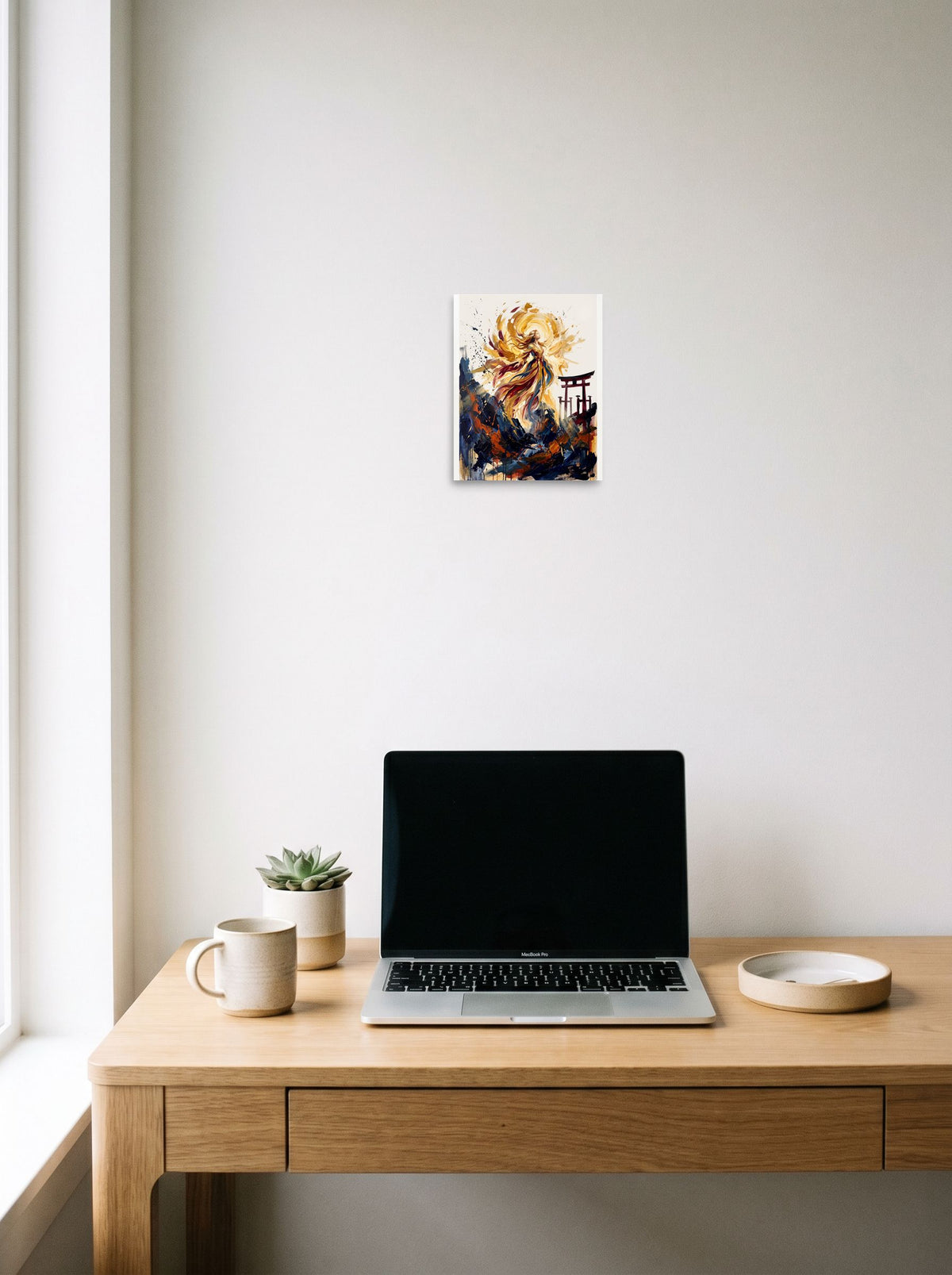 unframed paper wall art 'Amaterasu Awakening' styled above a home-office workspace, at 8x10 inch.