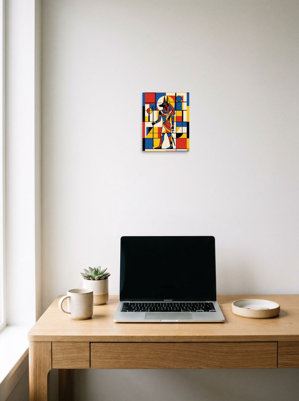 The unframed paper print 'Mondrian's Anubis' styled above a home-office workspace, shown at 8x10 inch.